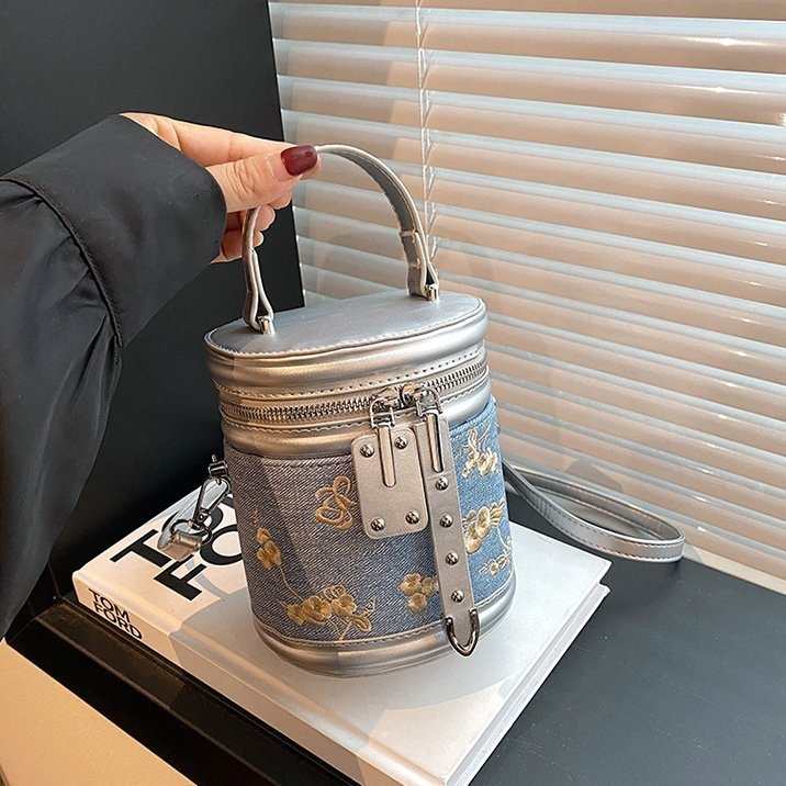 PU Embroidered Bucket Bag with Zipper Closure - Handbag and Crossbody Bag