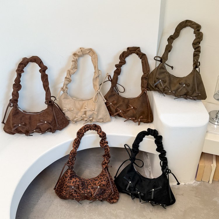 Leopard Print PU and Cowhide Underarm Bag with Bow and Zipper